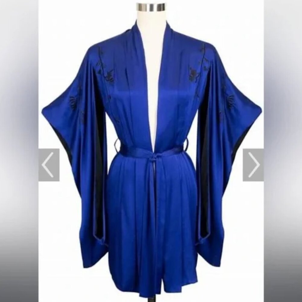 Trashy Diva Royal Blue Satin Kimono Robe with Black Trim